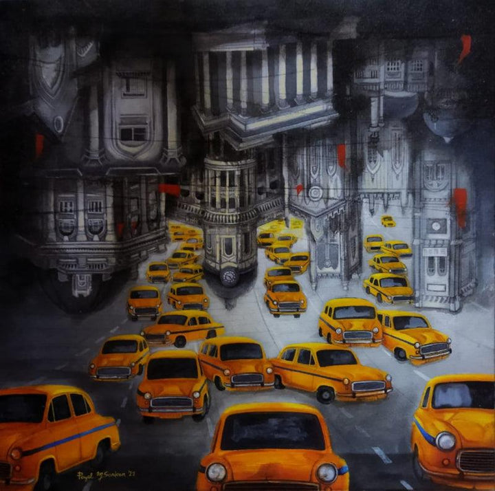 Transportation acrylic painting titled 'Kolkata My City 10', 24x24 inches, by artist Payel Mitra Sarkar on Canvas