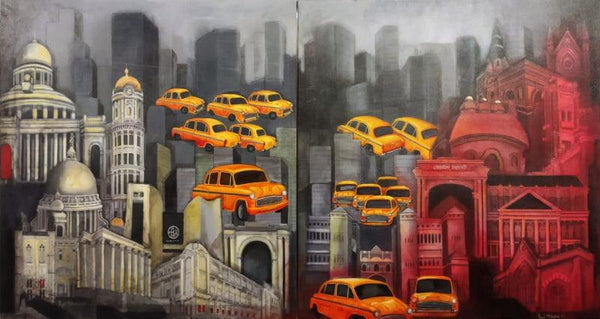 Transportation acrylic painting titled 'Kolkata My City 11 (Diptych)', 30x60 inches, by artist Payel Mitra Sarkar on Canvas