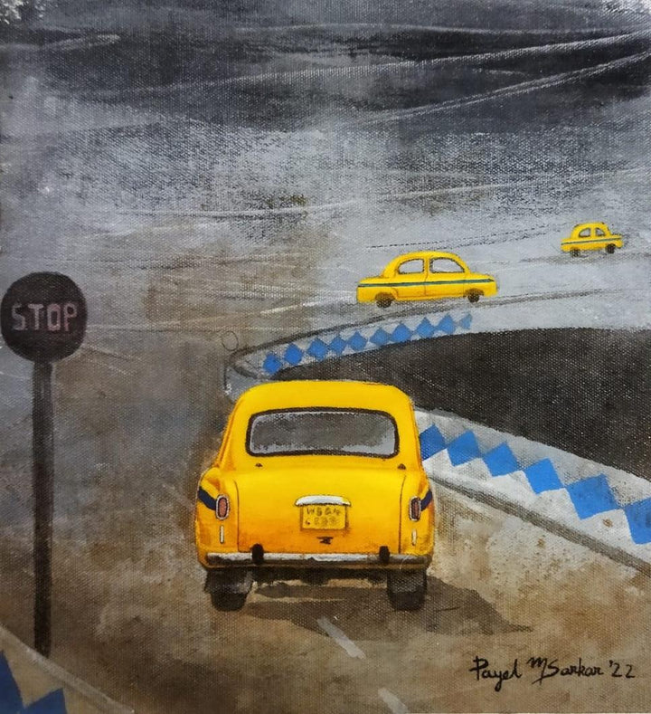 Transportation acrylic painting titled 'Kolkata My City 4', 20x20 inches, by artist Payel Mitra Sarkar on Canvas