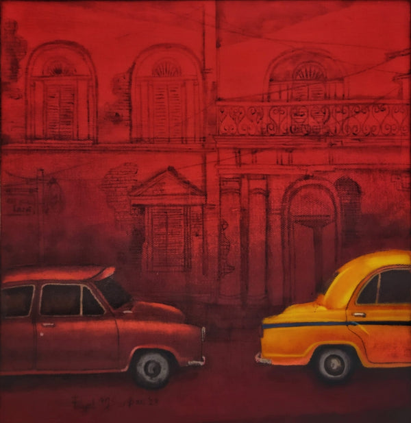 Cityscape acrylic painting titled 'Kolkata My City 5', 10x10 inch, by artist Payel Mitra Sarkar on Canvas