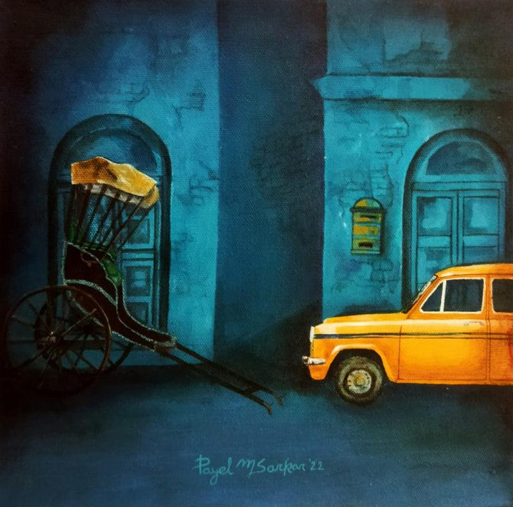 Cityscape acrylic painting titled 'Kolkata My City 5', 10x10 inches, by artist Payel Mitra Sarkar on Canvas