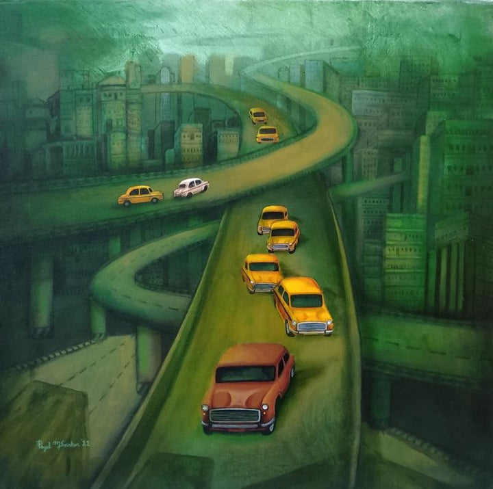 Transportation acrylic painting titled 'Kolkata My City 9', 24x24 inches, by artist Payel Mitra Sarkar on Canvas