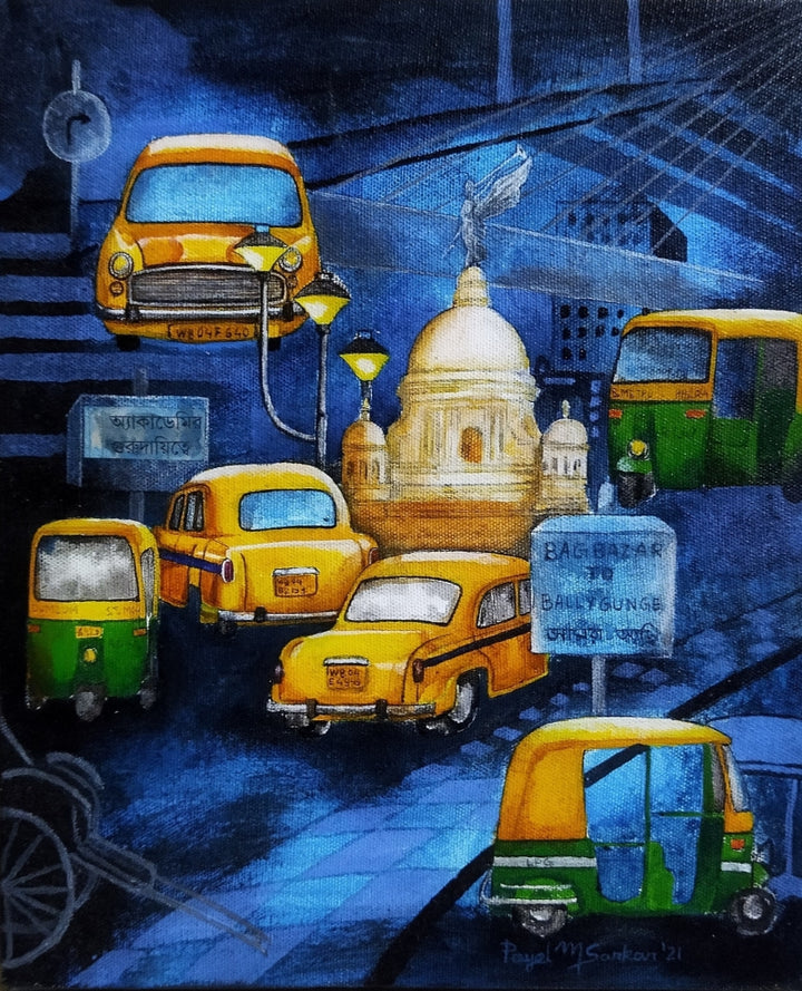 Cityscape acrylic-charcoal painting titled 'Kolkata My City', 12x10 inch, by artist Payel Mitra Sarkar on Canvas