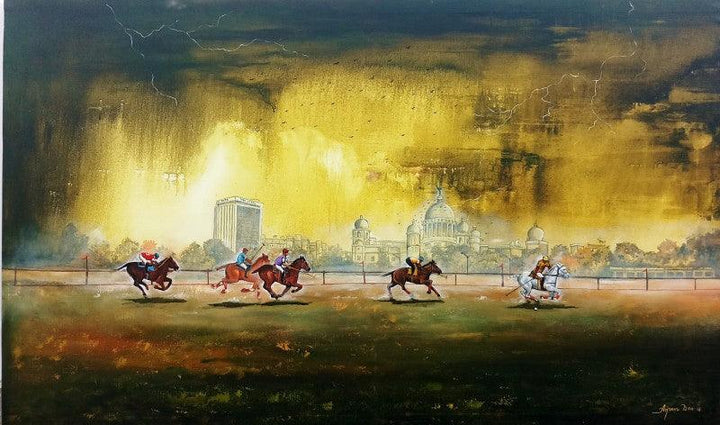 Cityscape acrylic painting titled 'Kolkata Polo', 36x60 inches, by artist Arjun Das on Canvas