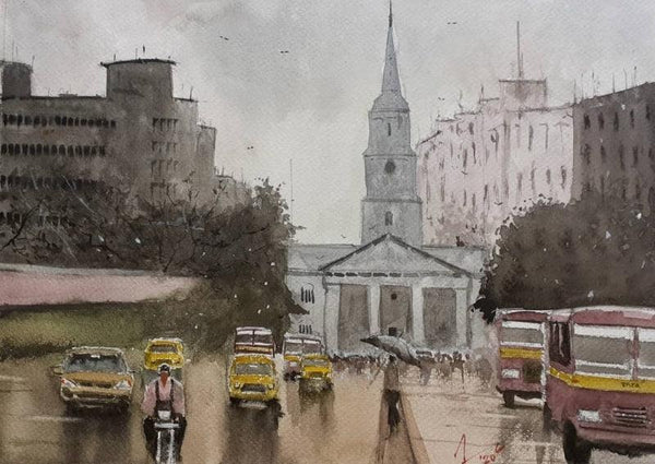 Cityscape watercolor painting titled 'Kolkata Series 28', 11x14 inches, by artist Arunava Ray on Paper