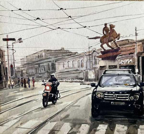 Cityscape watercolor painting titled 'Kolkata Series 3', 13x12 inches, by artist Raju Sarkar on Paper