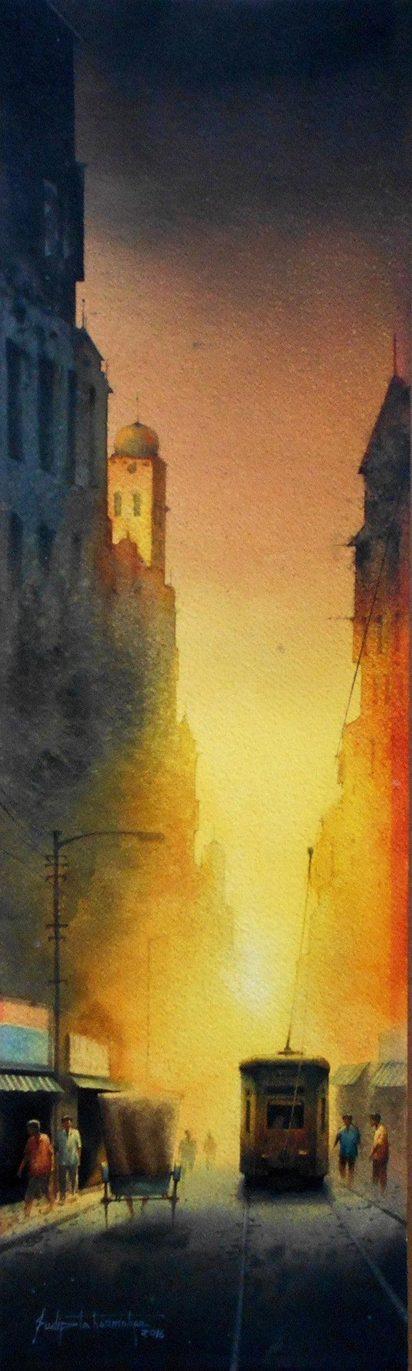 Landscape watercolor painting titled 'Kolkata Series 40', 27x8 inches, by artist Sudipta Karmakar on Paper