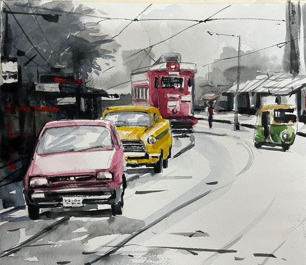 Cityscape watercolor painting titled 'Kolkata Series 6', 13x12 inches, by artist Raju Sarkar on Paper