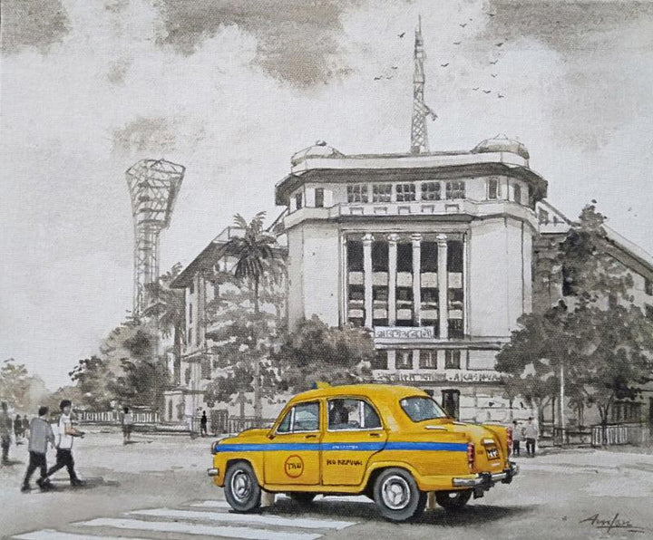 Cityscape acrylic painting titled 'Kolkata Street 1', 16x20 inches, by artist Amlan Dutta on Canvas