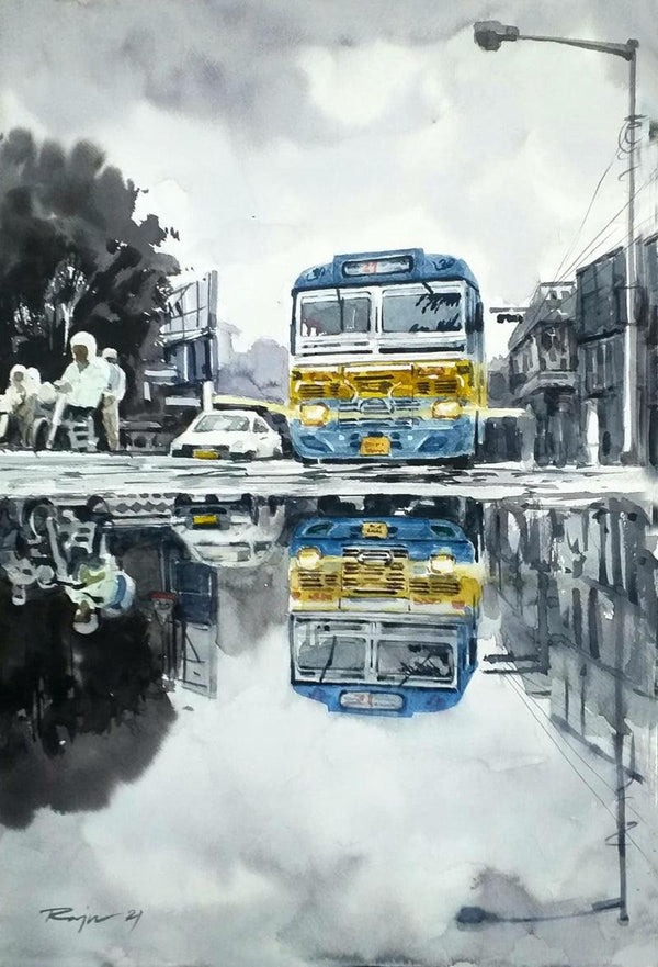 Cityscape watercolor painting titled 'Kolkata Street 2', 22x15 inches, by artist Raju Sarkar on Paper