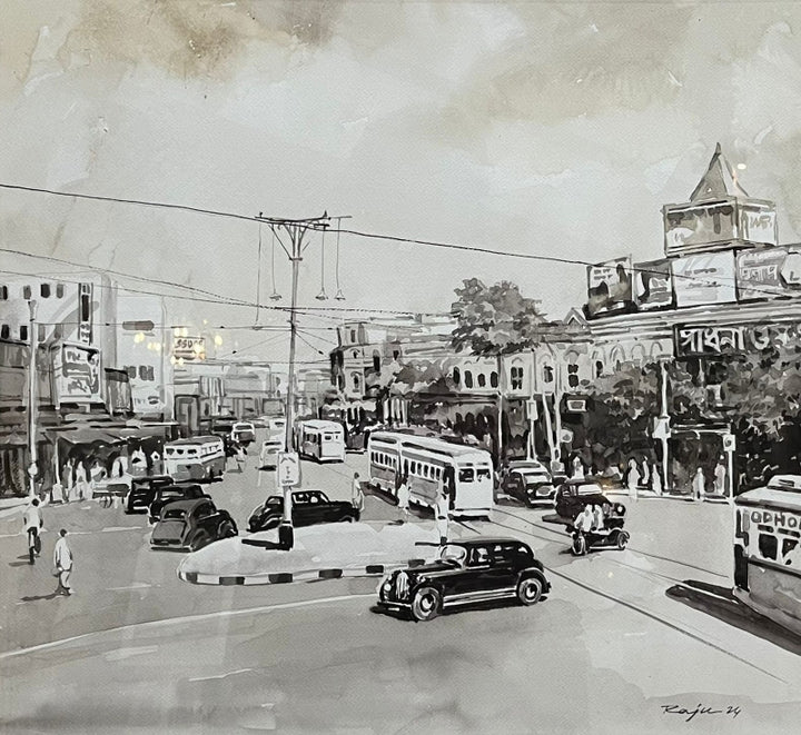 Cityscape watercolor painting titled 'Kolkata Street 3', 22x24 inch, by artist Raju Sarkar on Paper