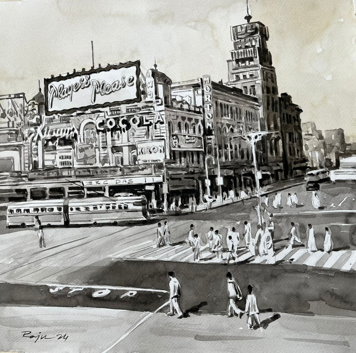 Cityscape watercolor painting titled 'Kolkata Street 4', 17x17 inch, by artist Raju Sarkar on Paper