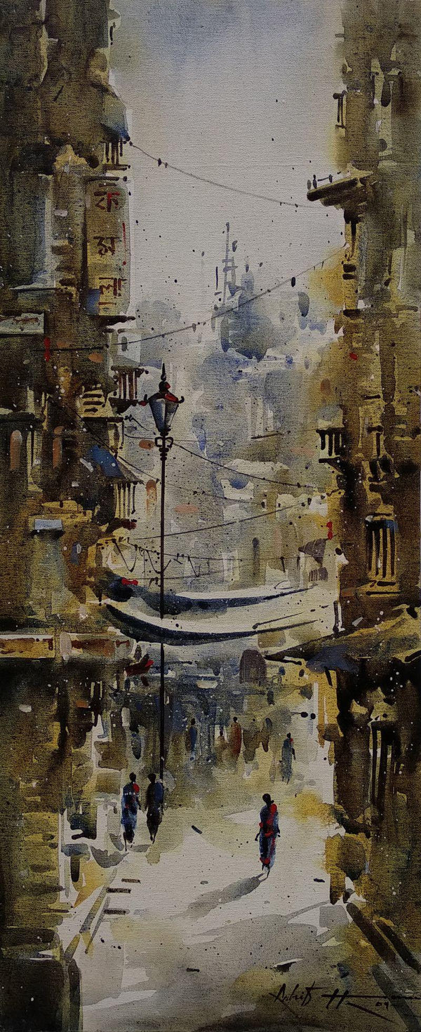 Cityscape acrylic painting titled 'Kolkata Streets 1', 36x15 inches, by artist Ashif Hossain on Canvas