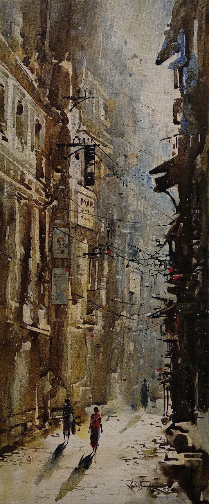 Cityscape acrylic painting titled 'Kolkata Streets 3', 36x15 inches, by artist Ashif Hossain on Canvas