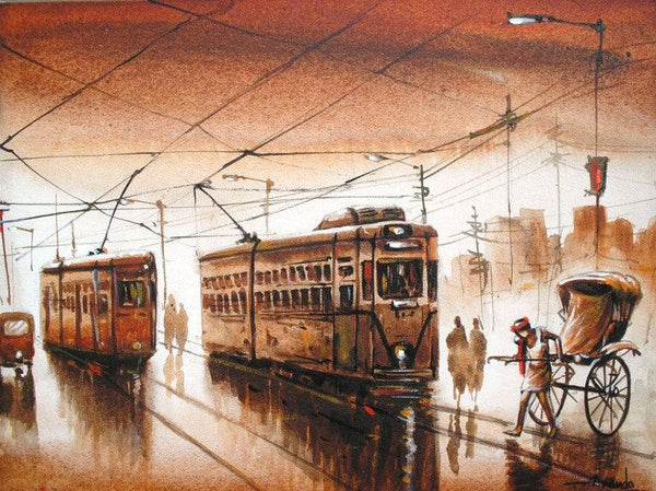 Cityscape acrylic painting titled 'Kolkata V', 18x14 inches, by artist Ananda Das on Canvas