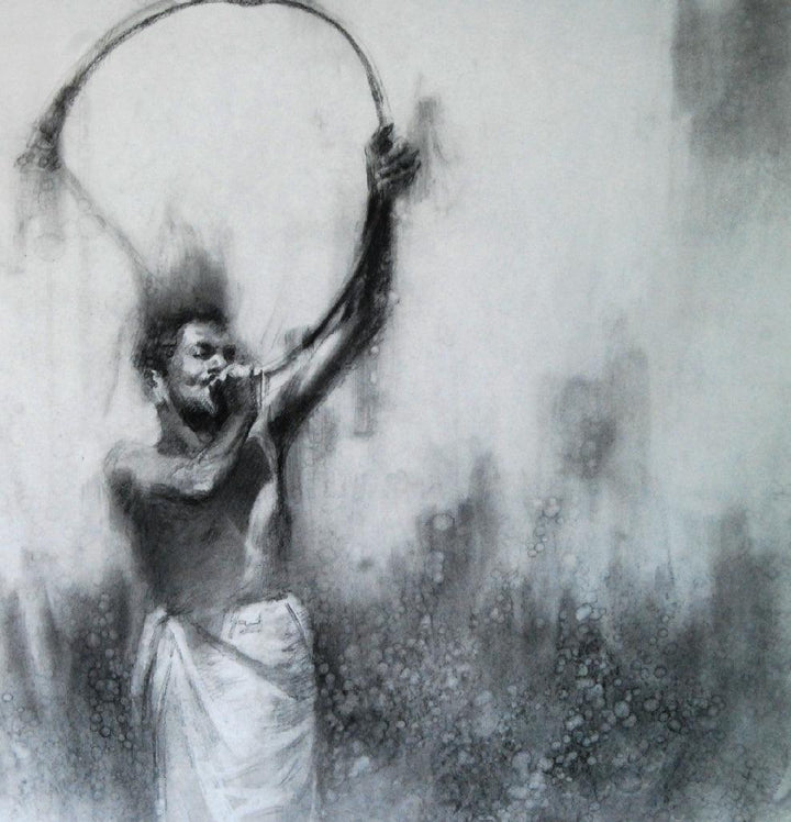 Figurative charcoal drawing titled 'Kombu 2', 24x24 inches, by artist Pankaj Bawdekar on Paper