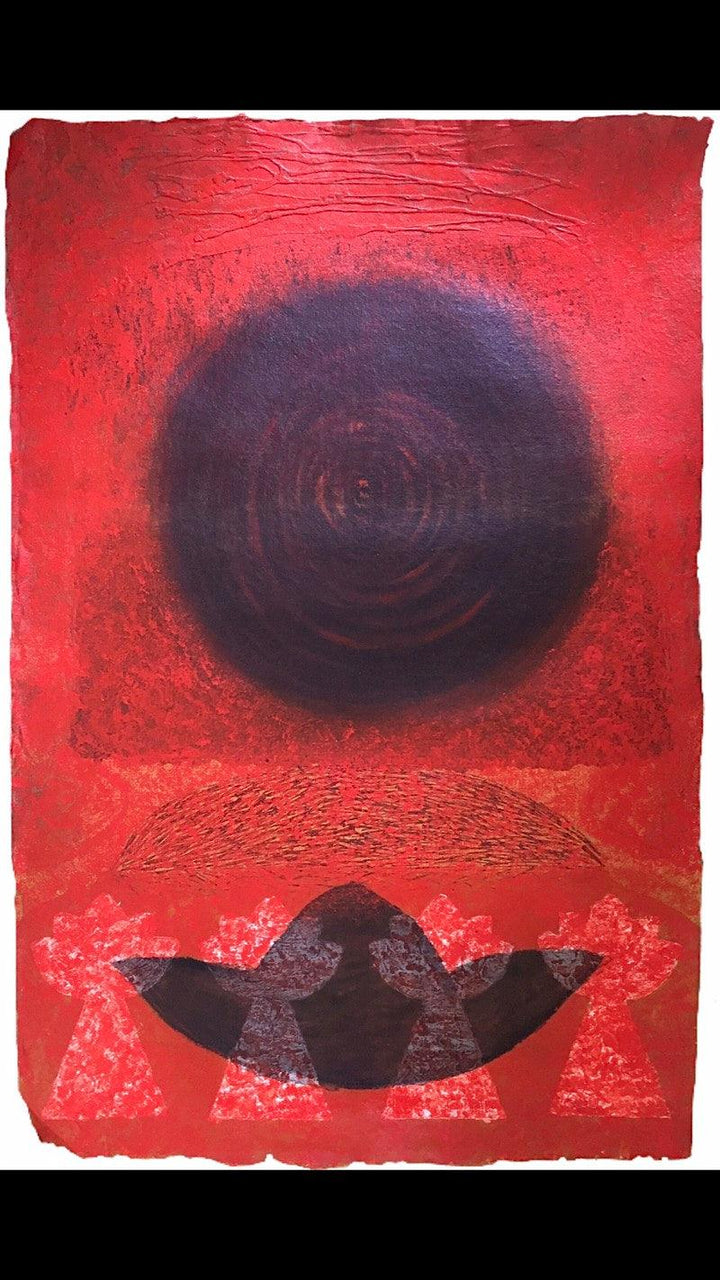 Religious mixed media painting titled 'Konāgamana', 54x30 inches, by artist Anand Pratap on Handmade paper