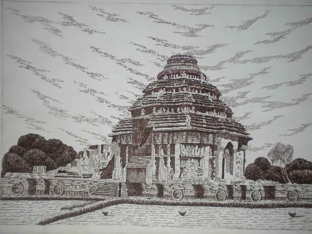 Cityscape pen drawing titled 'Konark 01', 15x11 inches, by artist Pradeep Swain on Paper