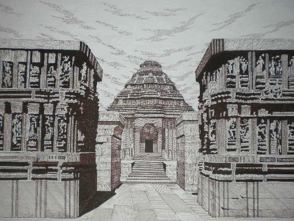 Cityscape pen drawing titled 'Konark 03', 15x11 inches, by artist Pradeep Swain on Paper