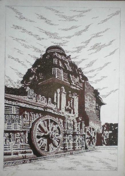 Cityscape pen drawing titled 'Konark', 15x11 inches, by artist Pradeep Swain on Paper