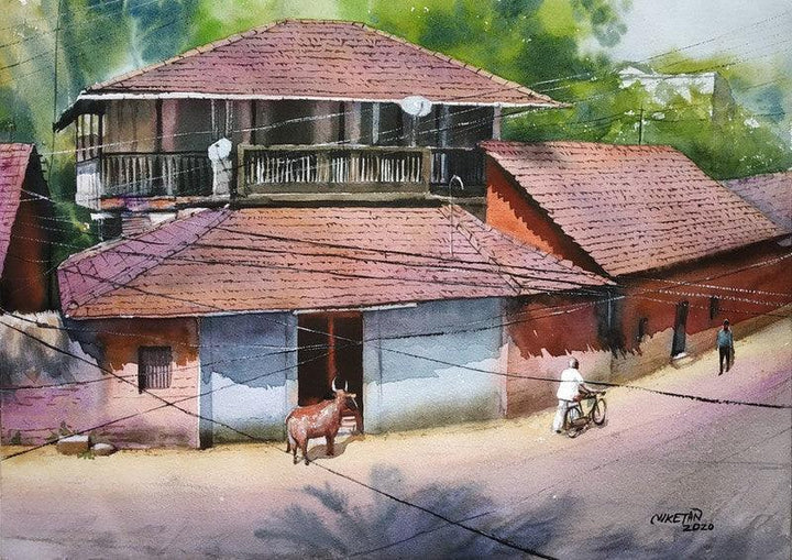 Cityscape watercolor painting titled 'Konkan Diaries  1', 17x12 inches, by artist Niketan Bhalerao on on paper