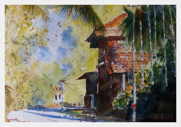 Landscape watercolor painting titled 'Konkan House at the corner', 20x14 inches, by artist Soven Roy on Paper