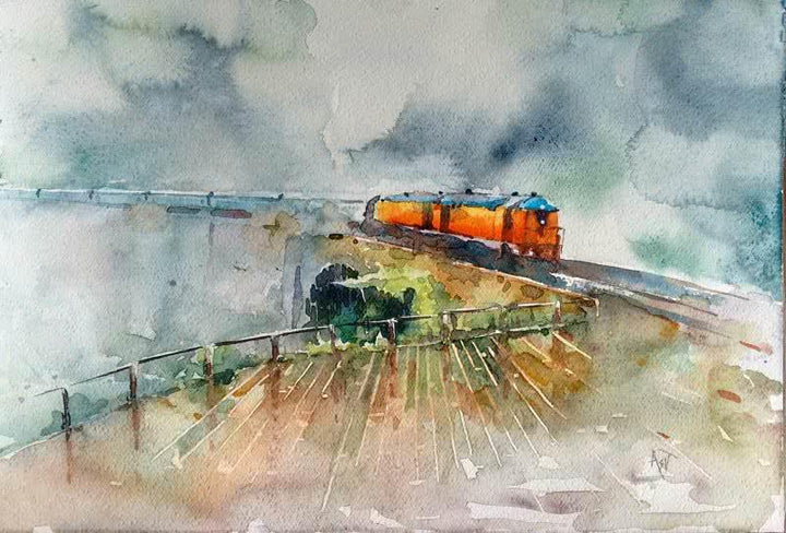 Landscape watercolor painting titled 'Konkan Rail', 18x12 inches, by artist Asit  Singh on Paper