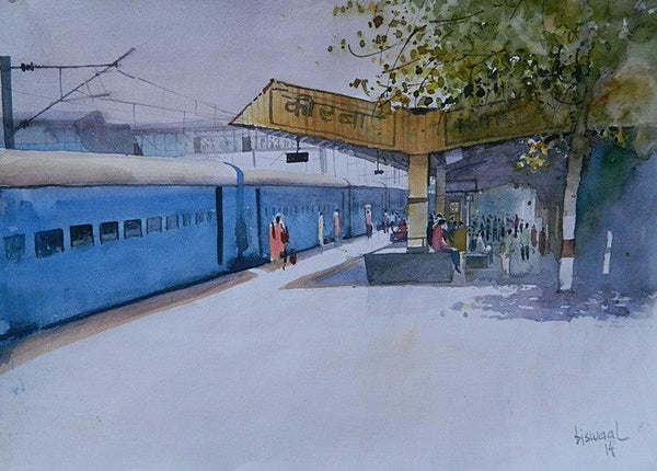 Cityscape watercolor painting titled 'Korba Platform', 11x16 inches, by artist Bijay Biswaal on Paper