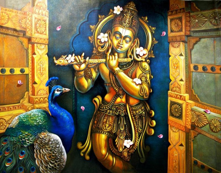 Religious acrylic painting titled 'Krishna 1', 45x59 inches, by artist Sudip Routh on Canvas