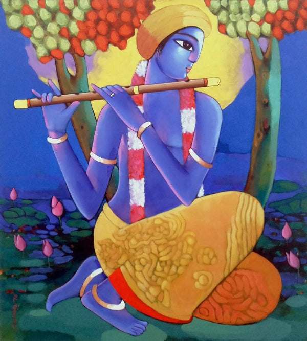 Religious acrylic painting titled 'Krishna 3', 47x43 inches, by artist Sekhar Roy on Canvas