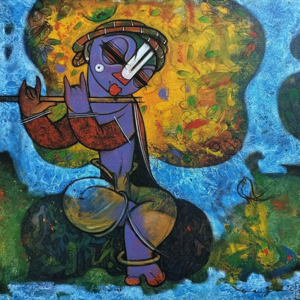 Religious acrylic painting titled 'Krishna', 24x24 inch, by artist Ramesh Gujar on Canvas