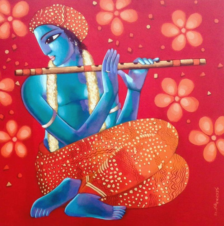 Figurative acrylic painting titled 'Krishna 6', 42x42 inches, by artist Sekhar Roy on canvas