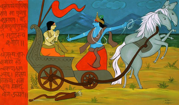 Religious acrylic painting titled 'Krishna And Arjuna', 33x56 inches, by artist Chetan Katigar on Canvas