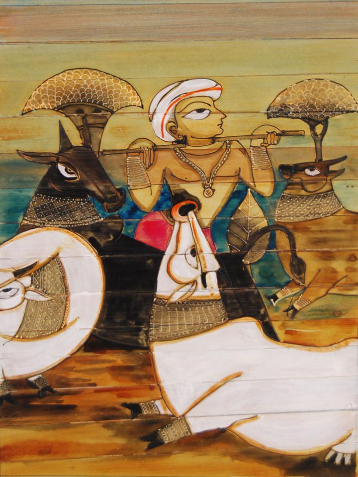 Folk Art acrylic painting titled 'Krishna And Cows', 14x18 inches, by artist Pradeep Swain on Leaf