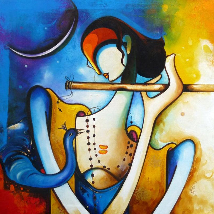 Religious acrylic painting titled 'Krishna And Flute', 40x40 inches, by artist Om Swami on Canvas