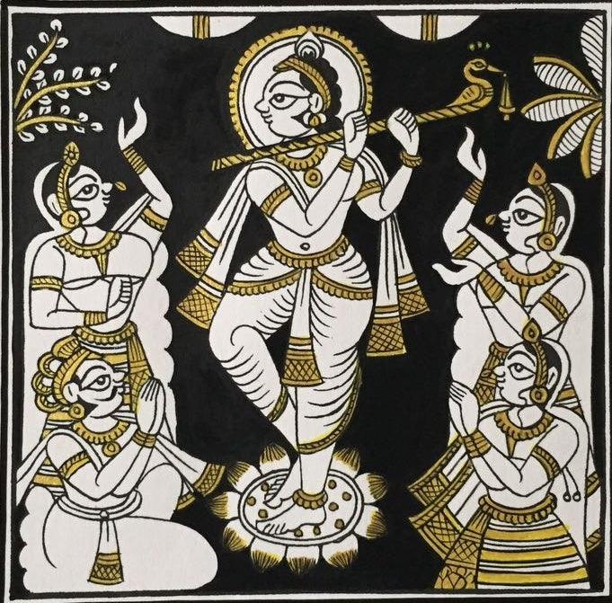 Religious phad traditional art titled 'Krishna And Gopis In Black And Gold', 11x11 inches, by artist Unknown on Cloth