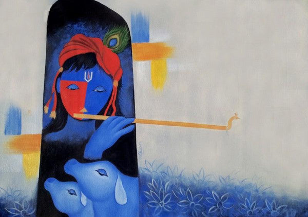 Religious oil painting titled 'Krishna', 24x35 inches, by artist Chetan Katigar on Canvas