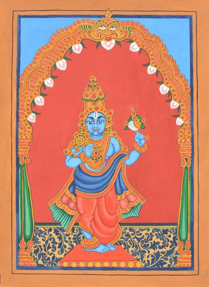 Religious mysore traditional art titled 'Krishna Avatara', 15x11 inches, by artist Radhika Ulluru on Paper