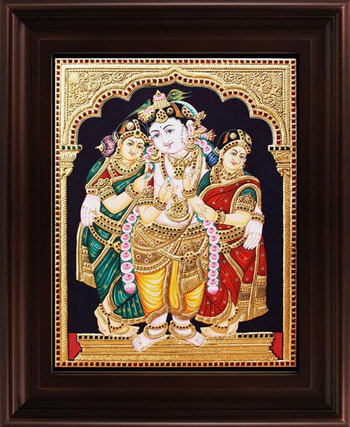 Religious tanjore traditional art titled 'Krishna Bama Rukmani Tanjore', 24x18 inches, by artist Myangadi Tanjore on Plywood