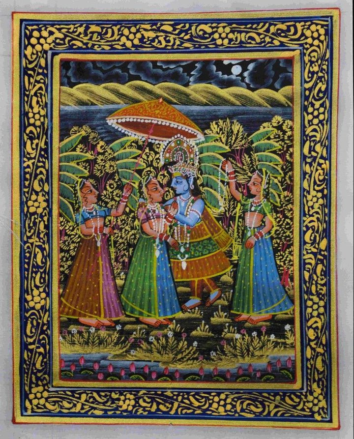 Religious miniature traditional art titled 'Krishna Convincing Radha', 10x12 inches, by artist Unknown on Silk