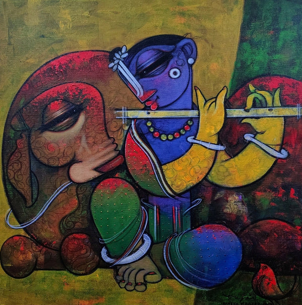 Religious acrylic painting titled 'Krishna With Cow 1', 24x24 inch, by artist Ramesh Gujar on Canvas