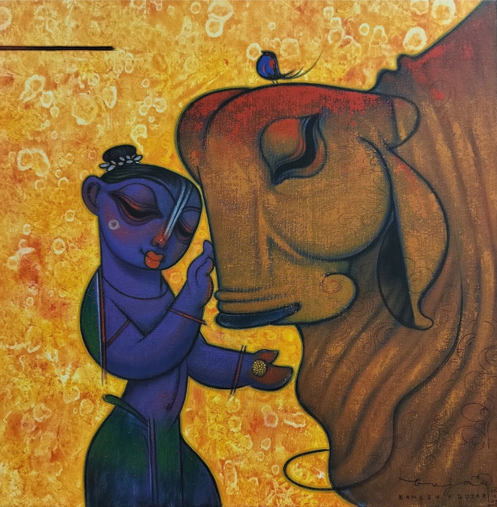 Religious acrylic painting titled 'Krishna With Cow 2', 24x24 inch, by artist Ramesh Gujar on Canvas