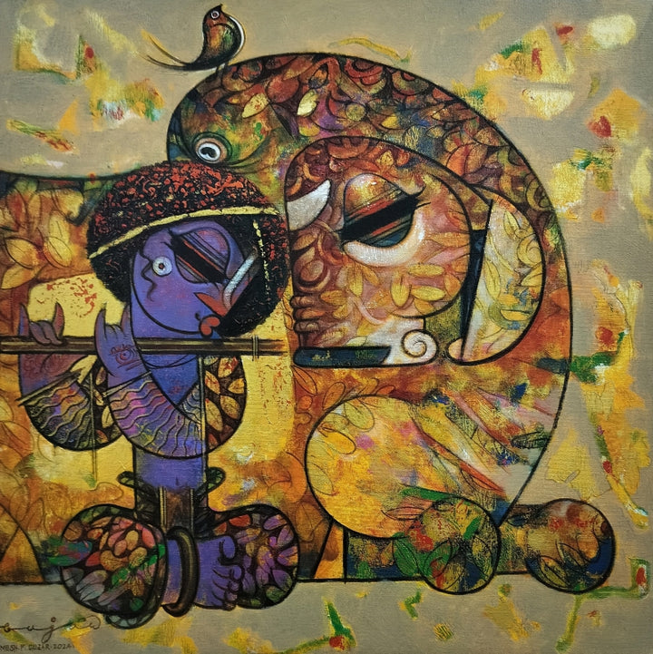 Religious acrylic painting titled 'Krishna With Cow 3', 24x24 inch, by artist Ramesh Gujar on Canvas