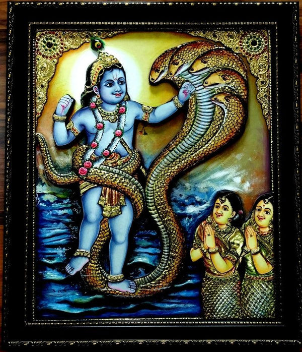 Religious tanjore traditional art titled 'Krishna Dancing On Snake Tanjore Paintin', 24x20 inches, by artist VANI VIJAY on Plywood