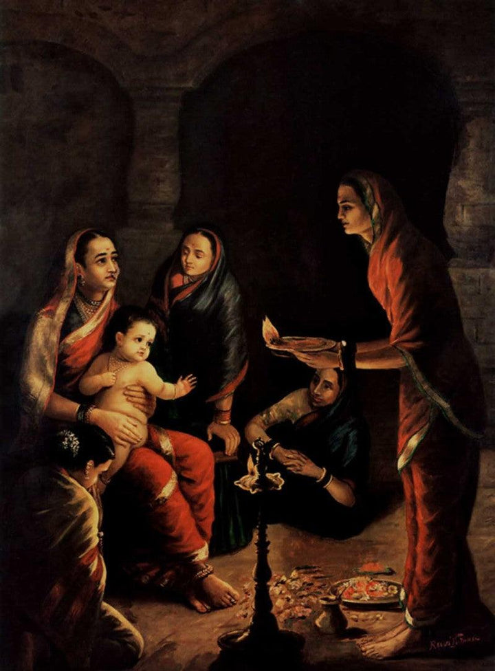 Figurative oil painting titled 'Krishna Drista', 36x27 inches, by artist Raja Ravi Varma Reproduction on Canvas