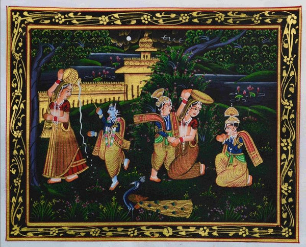 Religious miniature traditional art titled 'Krishna Eating Makhan', 12x10 inches, by artist Unknown on Silk