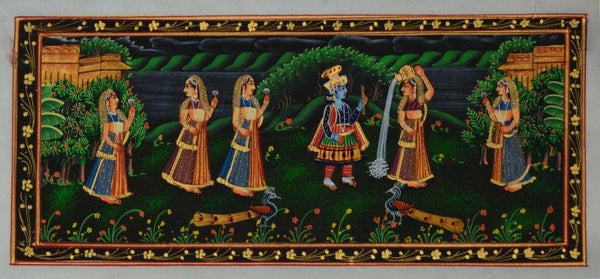 Religious miniature traditional art titled 'Krishna Eating Makhan With Gopis', 6x13 inches, by artist Unknown on Silk