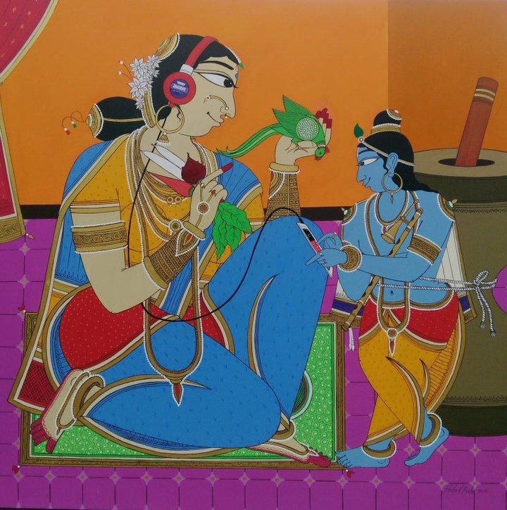 Figurative acrylic painting titled 'Krishna finding a song', 48x48 inches, by artist Shahed Pasha on Canvas