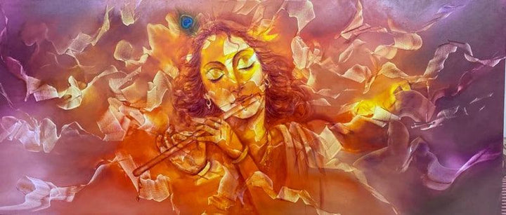 Religious oil painting titled 'Krishna Flute and Music Rhythm', 33x73 inches, by artist Prince Chand on Canvas