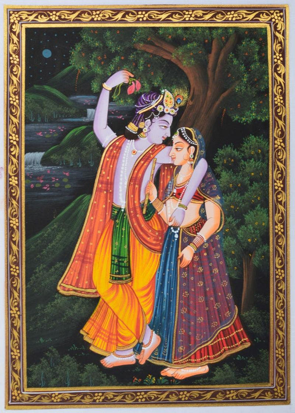 Religious miniature traditional art titled 'Krishna Gifting Flower To Radhaji', 11x8 inches, by artist Unknown on Silk